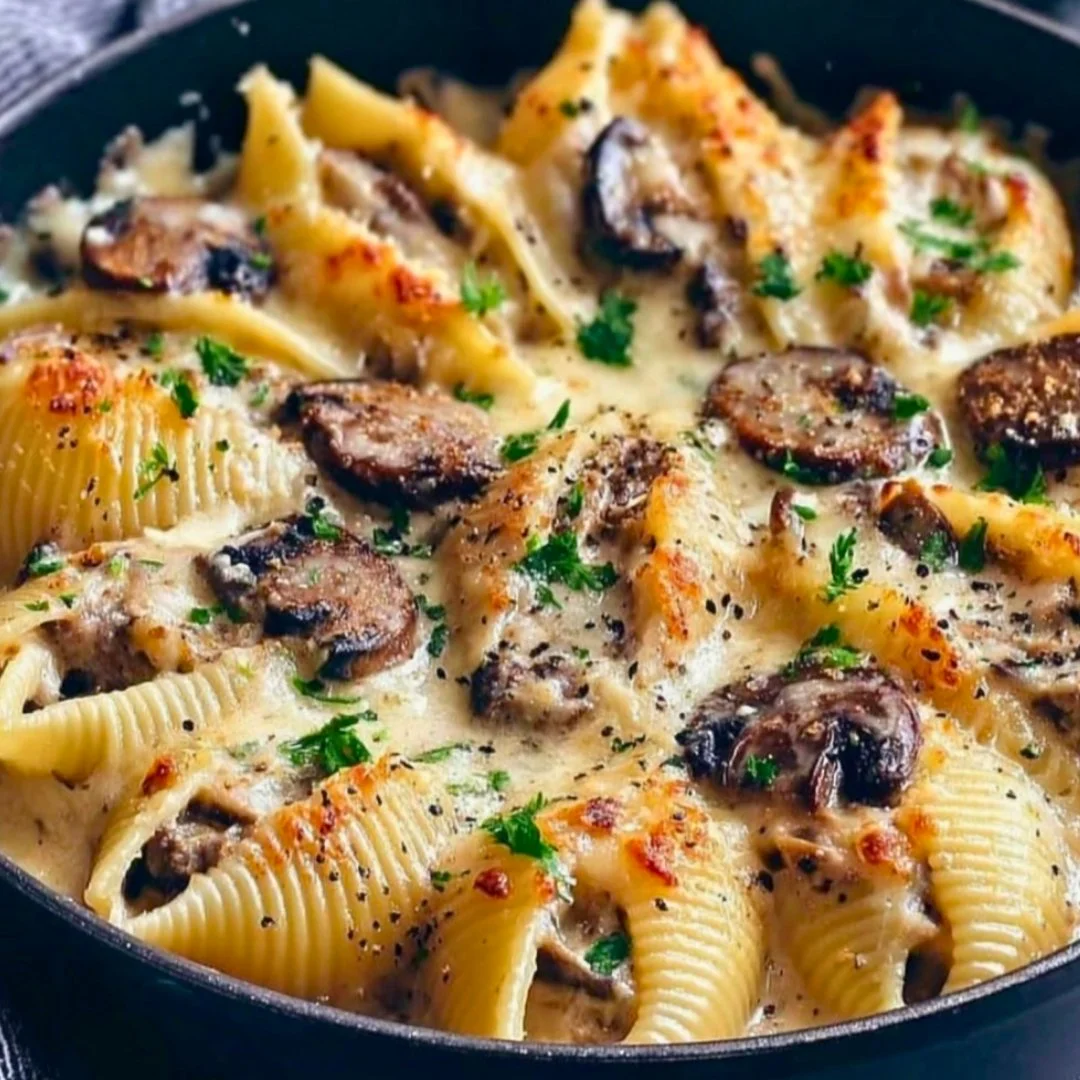 Creamy garlic mushroom stuffed shells topped with herbs and cheese