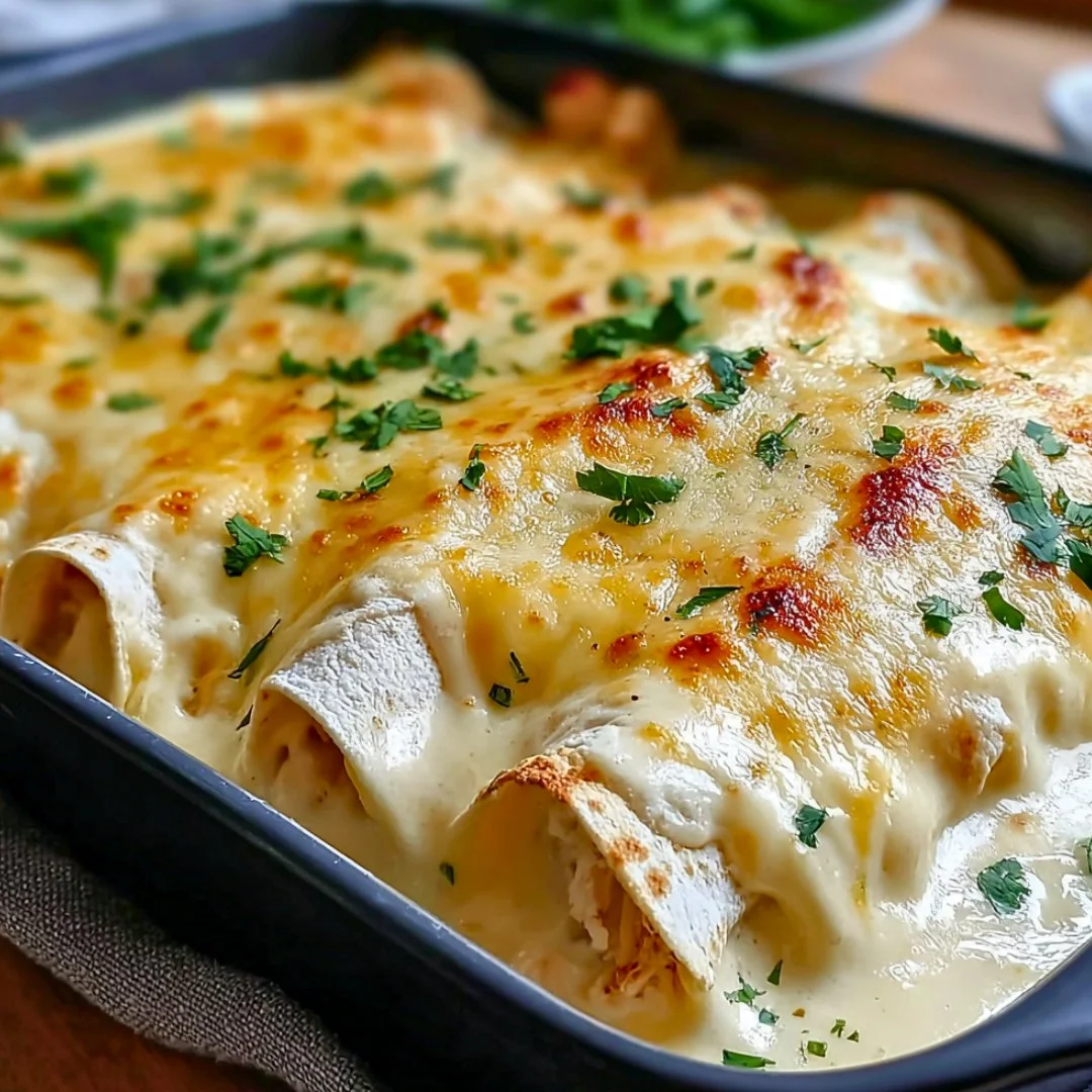 Creamy white chicken enchiladas served on a plate topped with sauce and cheese