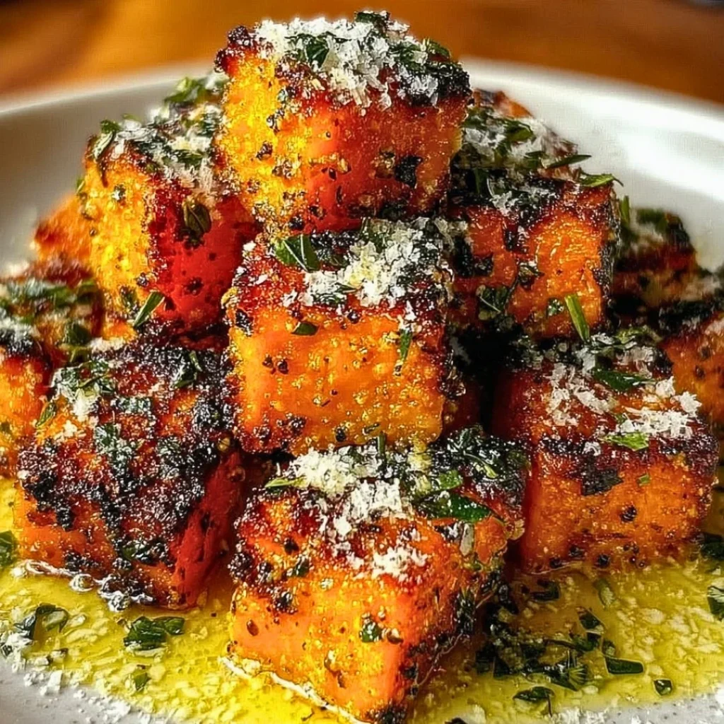 Crispy baked sweet potato bites topped with Parmesan herb butter