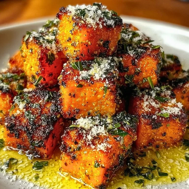 Crispy baked sweet potato bites topped with Parmesan herb butter