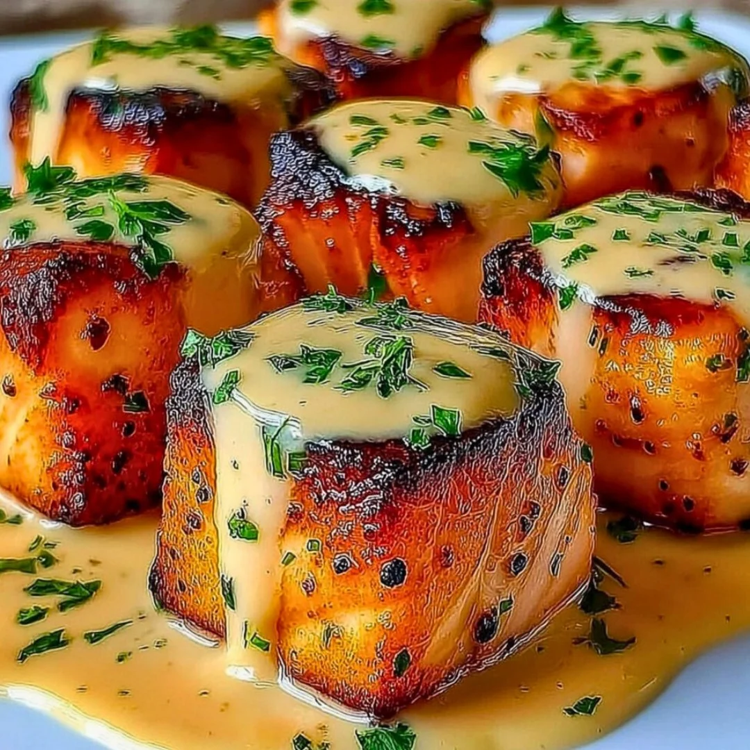 Crispy Bang Bang Salmon Bites served on a plate with fresh herbs