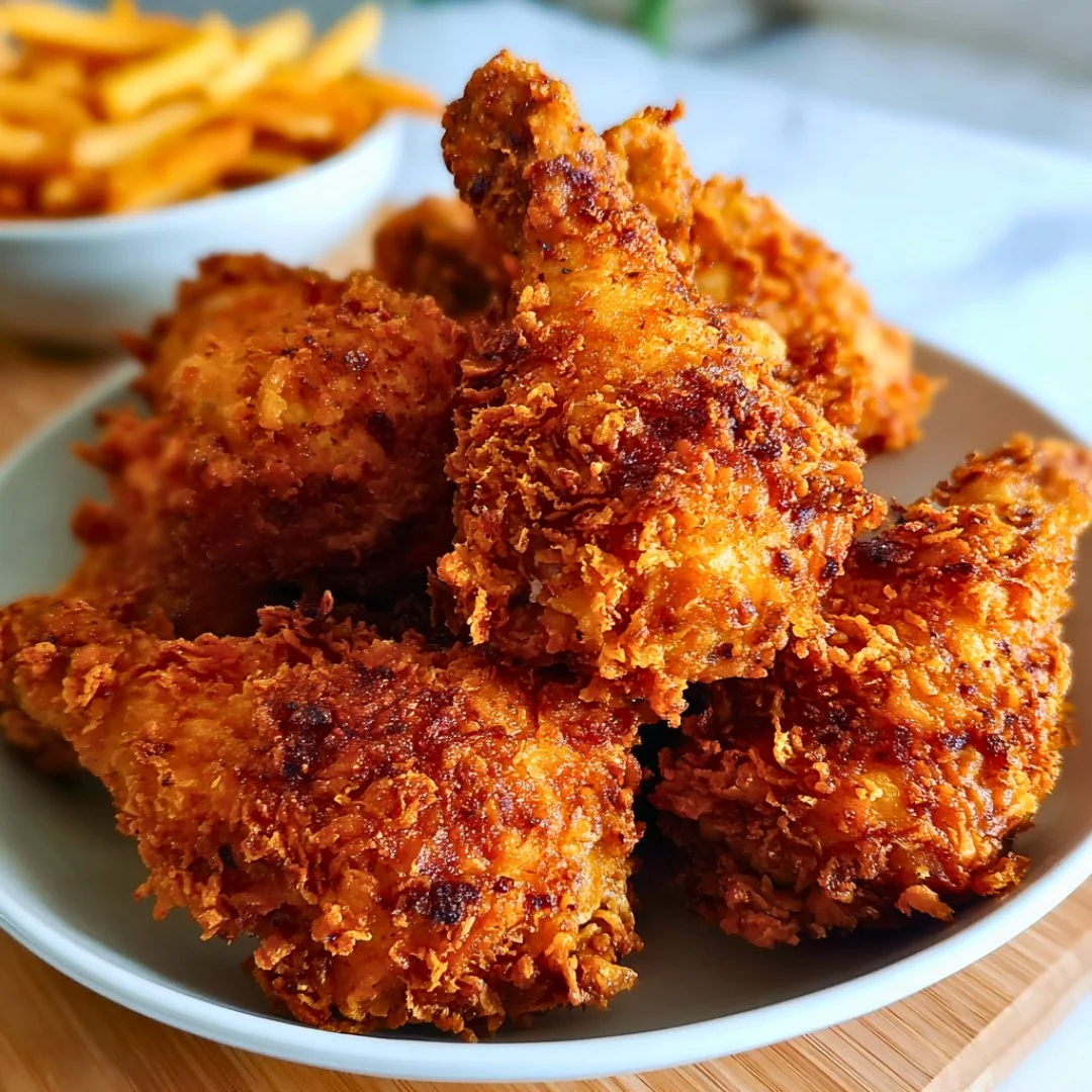 Plate of crispy juicy fried chicken with golden-brown breading