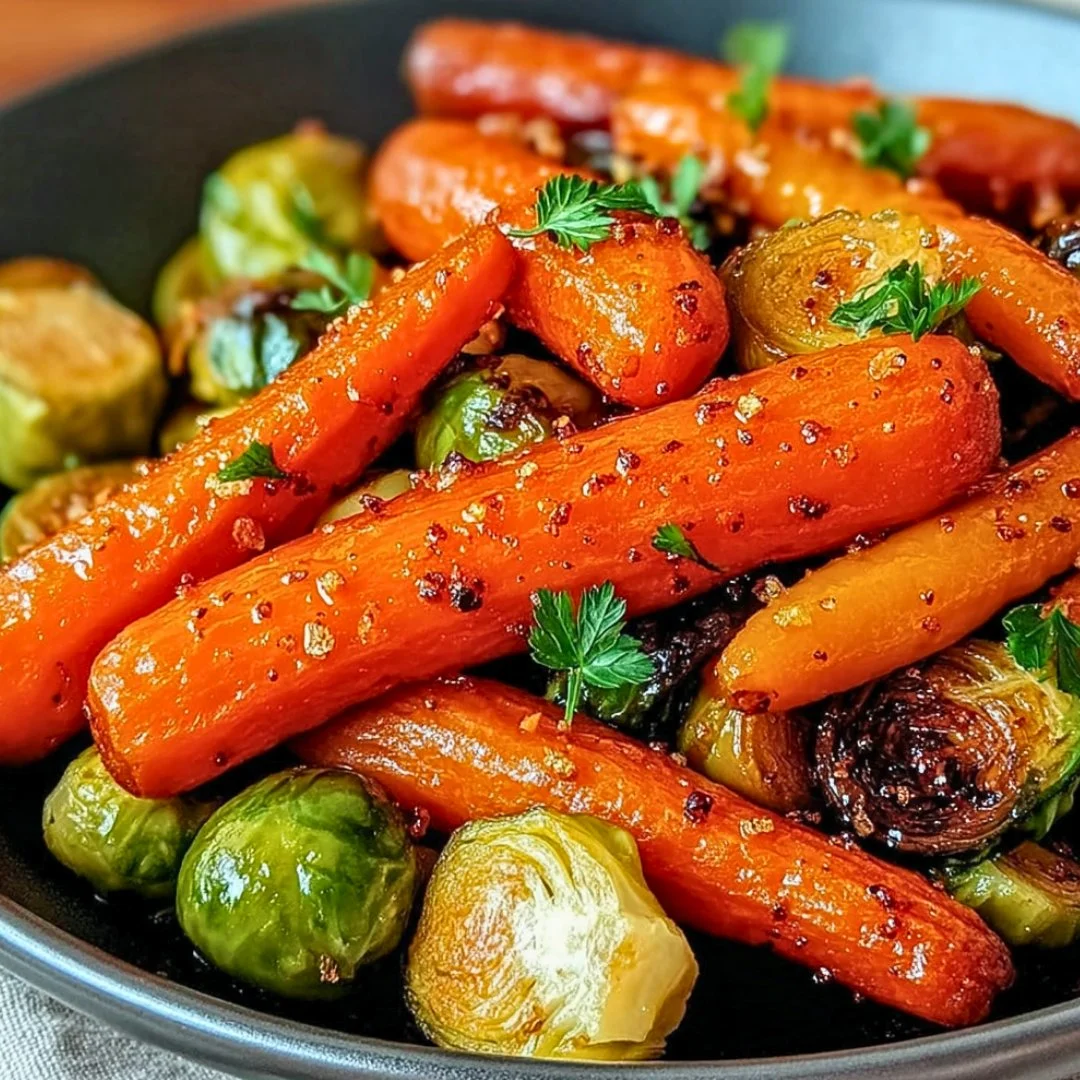 Crispy maple glazed carrots and Brussels sprouts on a serving plate