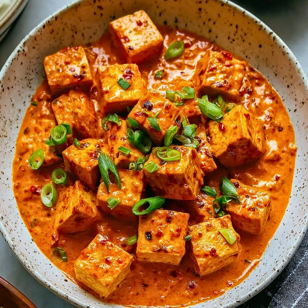 Delicious spicy tofu with creamy coconut sauce served in a bowl