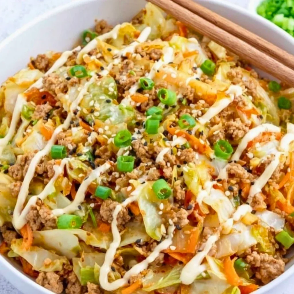 Delicious Egg Roll in a Bowl recipe with fresh vegetables and seasonings