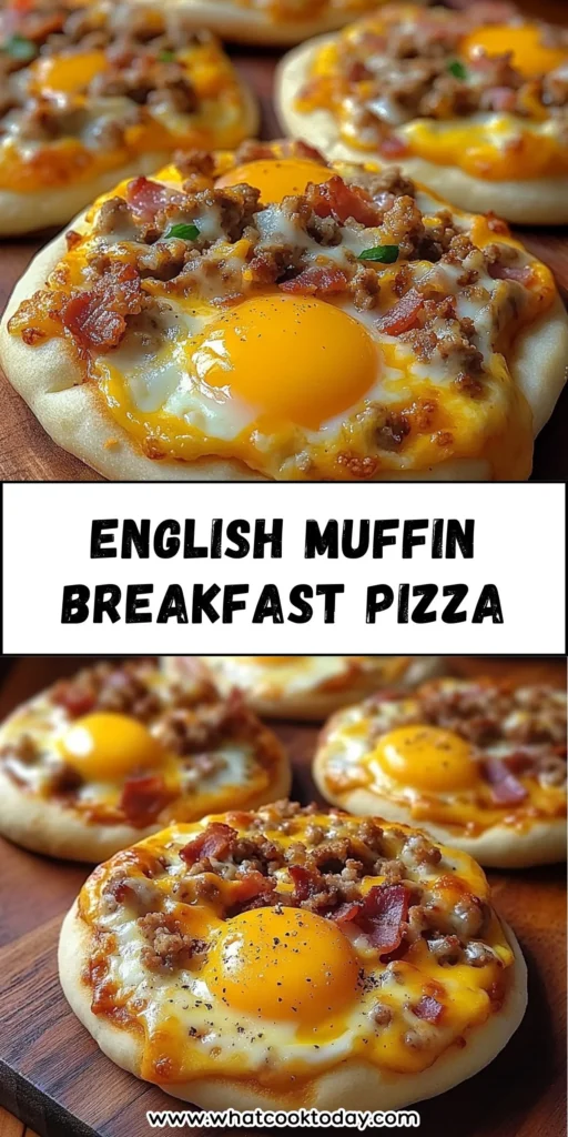Delicious English muffin breakfast pizza topped with eggs and cheese