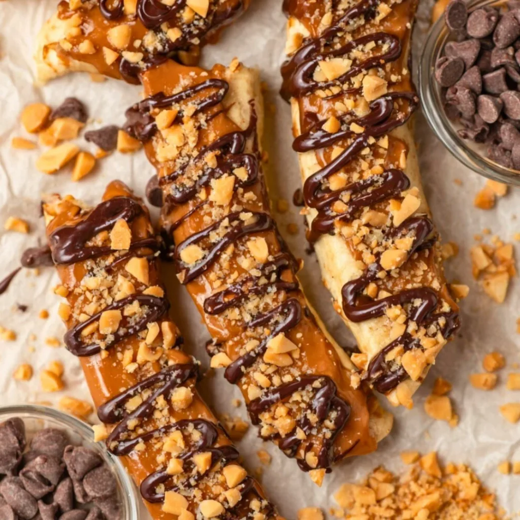 Frozen Banana Snickers dessert with chocolate and banana layers