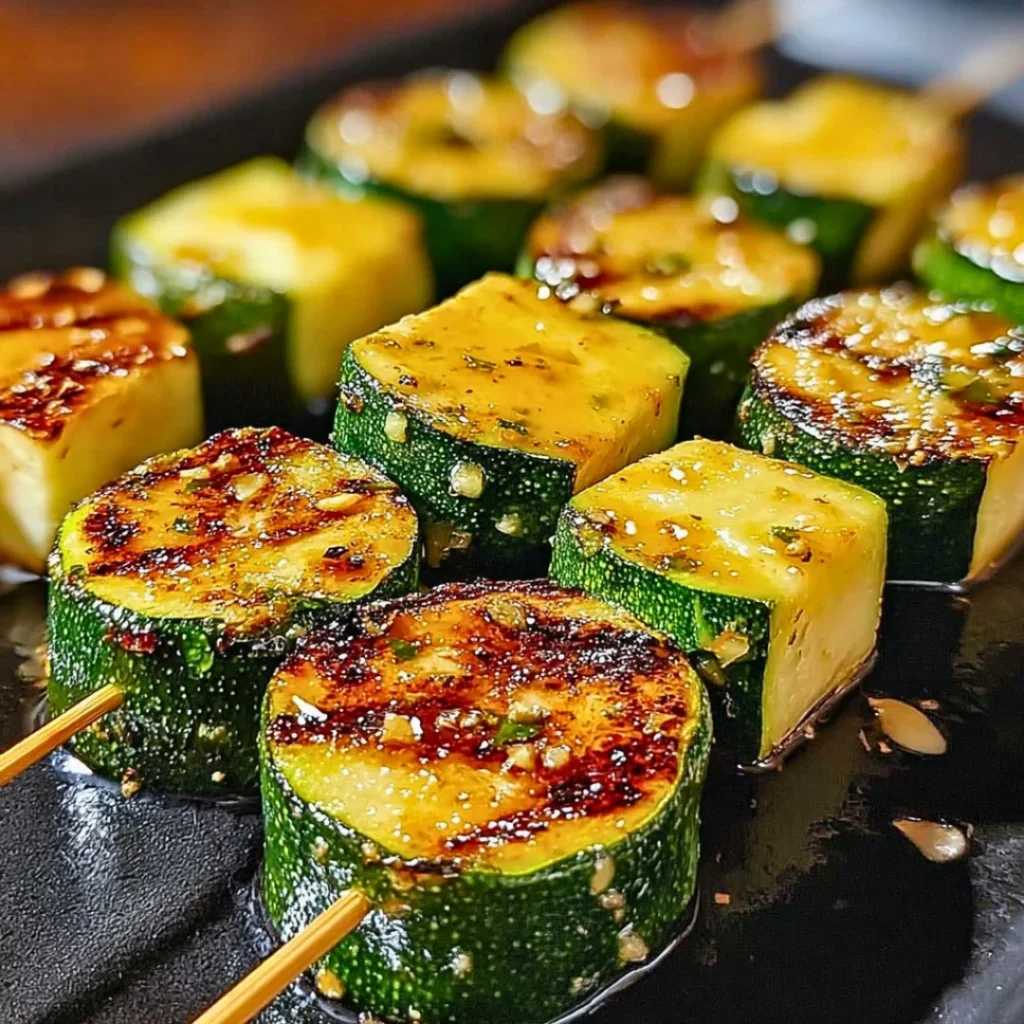 Garlic Butter Zucchini Skewers with fresh herbs on a grill