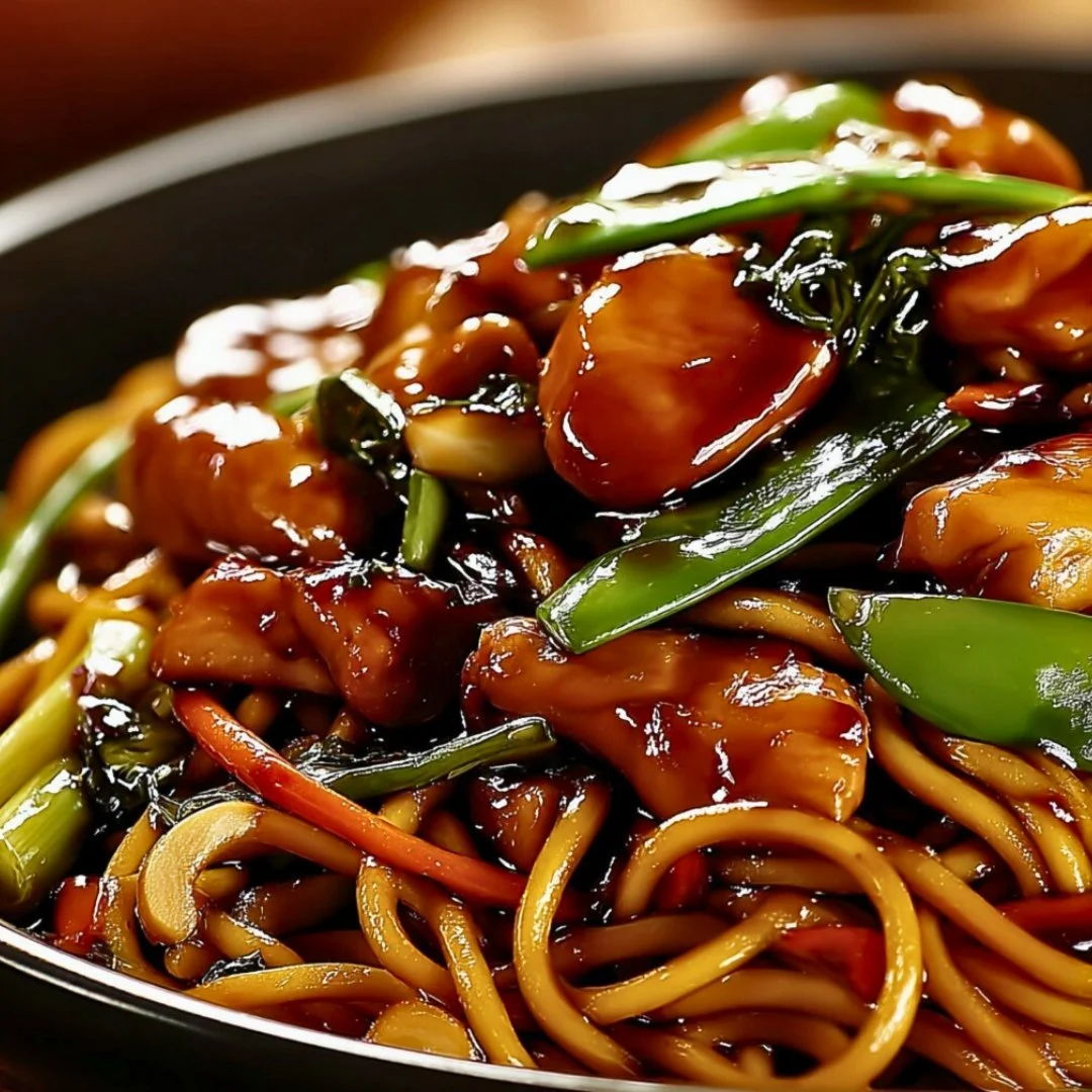 Delicious Garlic Chicken Lo Mein served in a bowl with fresh vegetables