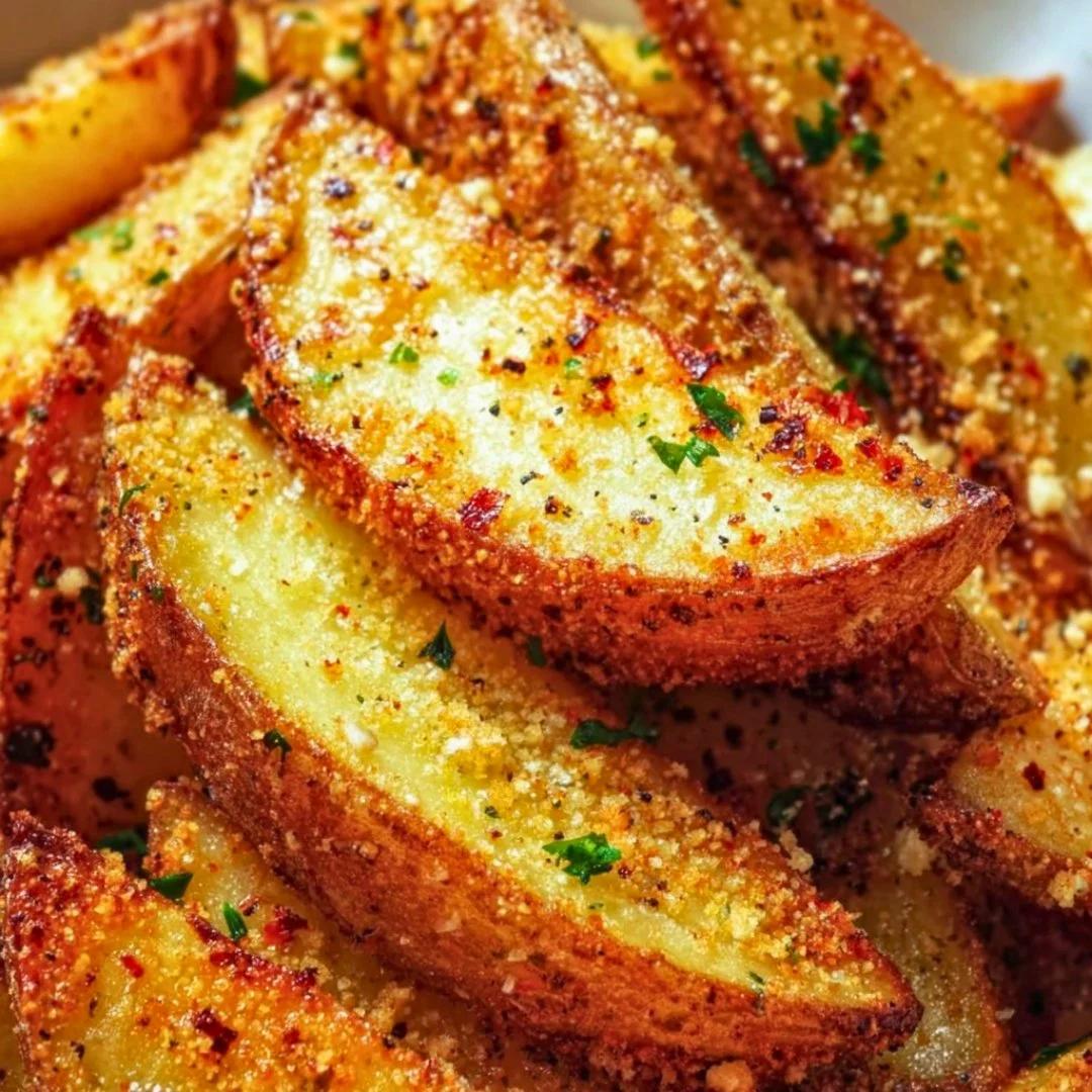 Crispy Garlic Parmesan Potato Wedges served in a bowl.
