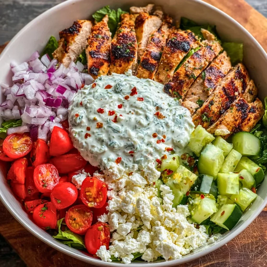 A colorful Greek Chicken Bowl with vegetables, olives, and feta cheese.