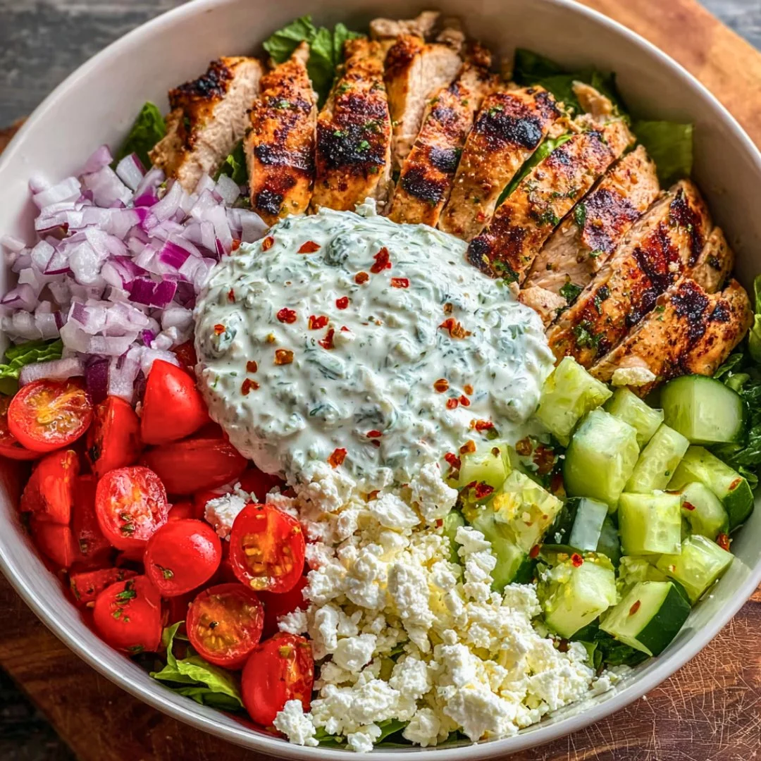 A colorful Greek Chicken Bowl with vegetables, olives, and feta cheese.