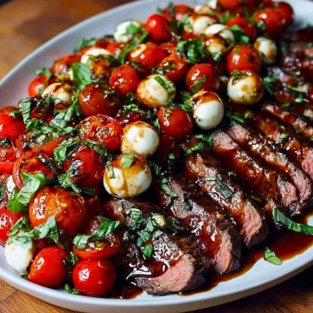 Grilled flank steak caprese topped with fresh mozzarella, tomatoes, and balsamic dressing