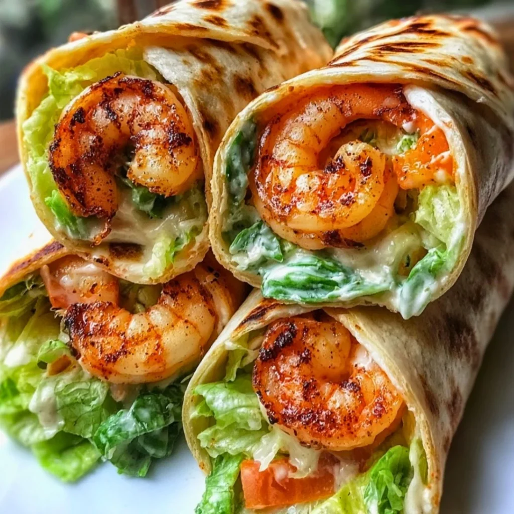 Grilled shrimp Caesar wraps served on a plate with fresh ingredients