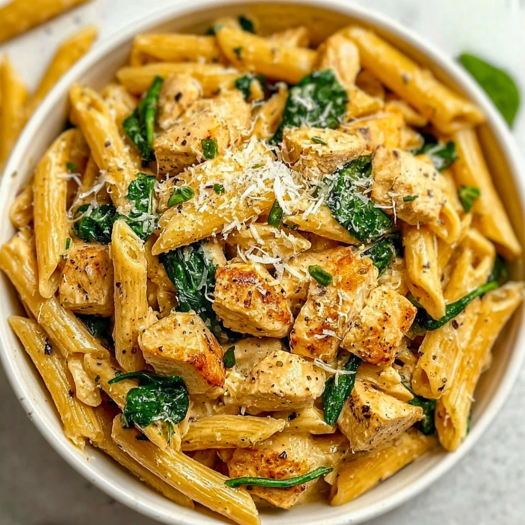 Healthy Garlic Parmesan Chicken Pasta served in a bowl with fresh herbs