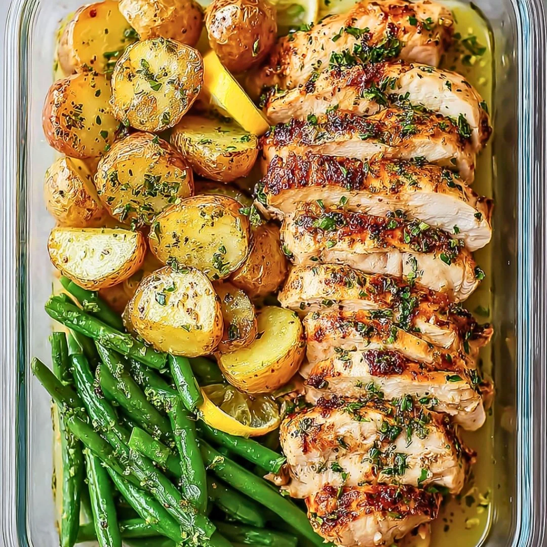 Healthy lemon garlic chicken meal prep bowl with vegetables and grains