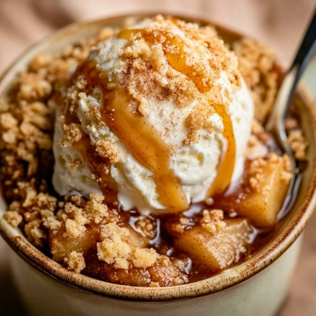 High protein apple crumble in a mug, a quick and healthy dessert recipe.