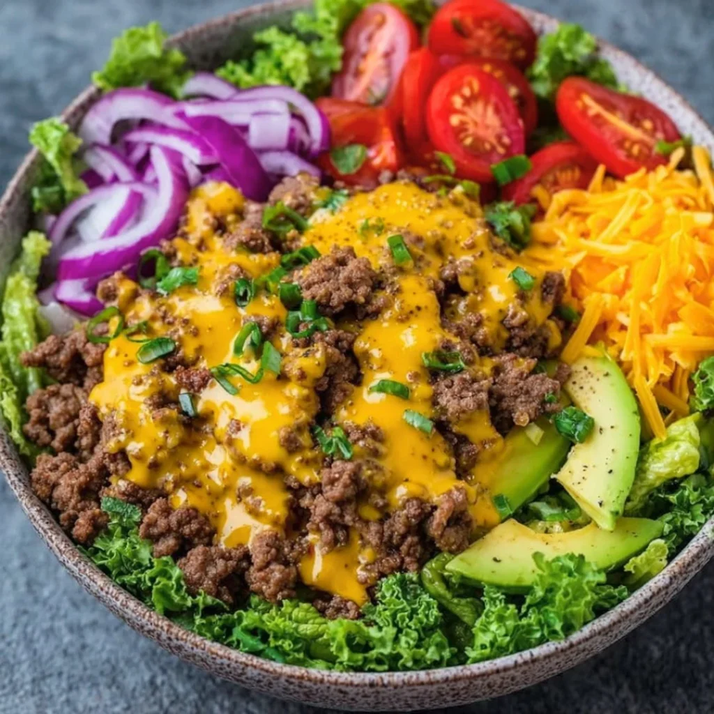 High-protein cheeseburger bowls with ground beef and burger sauce for meal prep.