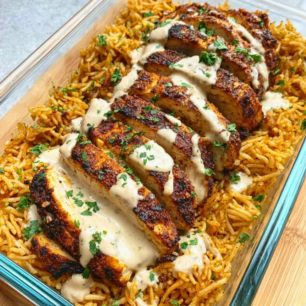 High Protein Creamy Cajun Chicken and Rice dish garnished with herbs