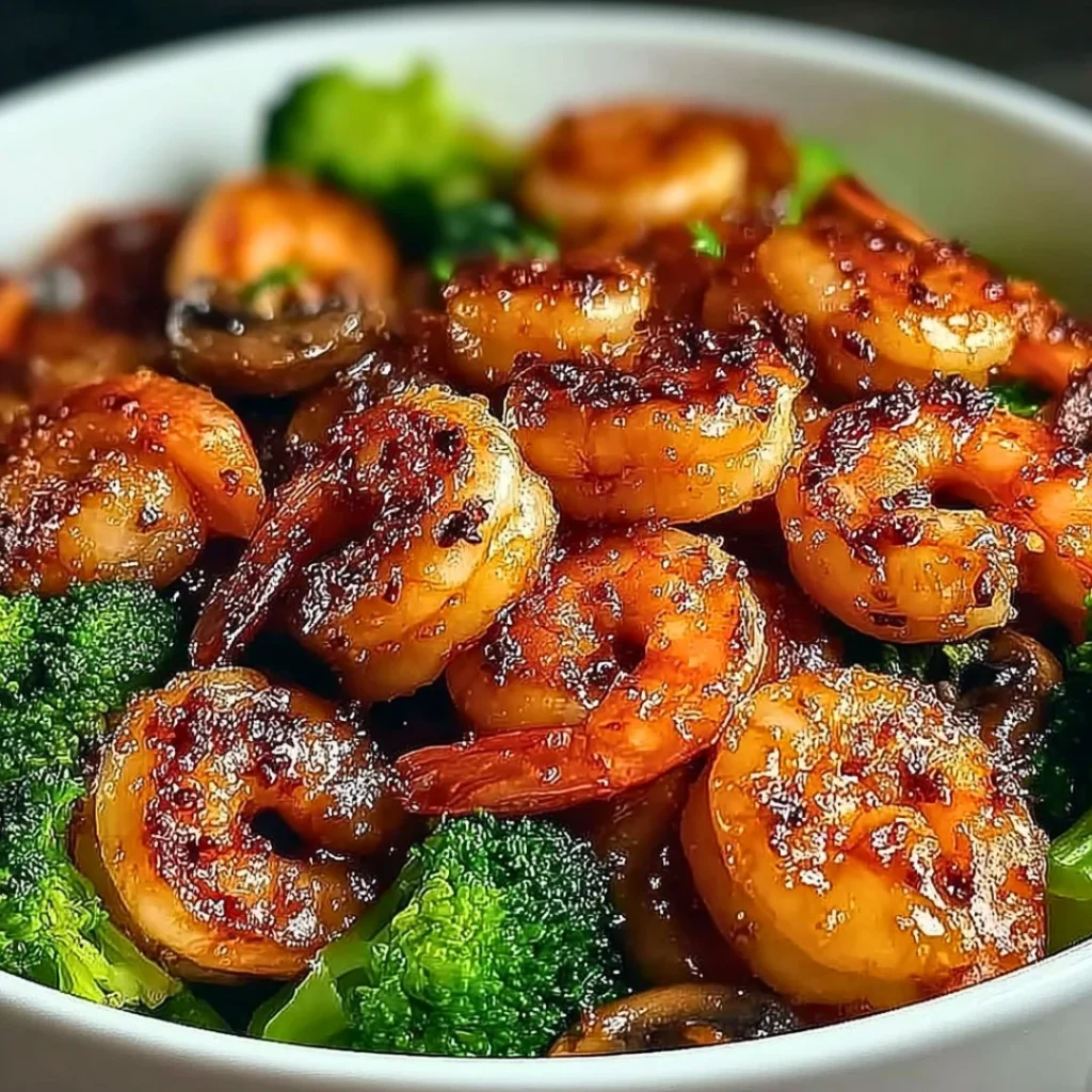 High-protein honey garlic shrimp served on a plate with vegetables