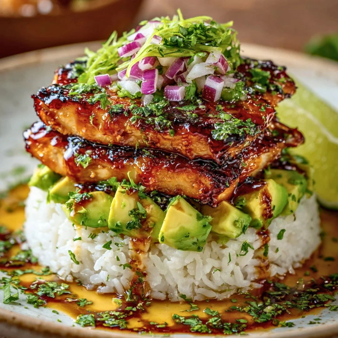 Honey Lime Chicken served with Avocado Rice Stack for a delicious meal.