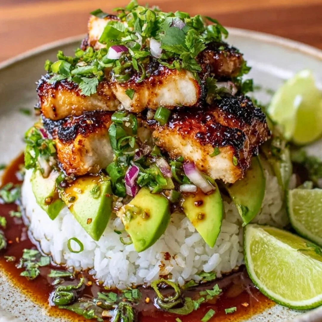 Honey Lime Chicken and Avocado Rice Stack dish served on a plate