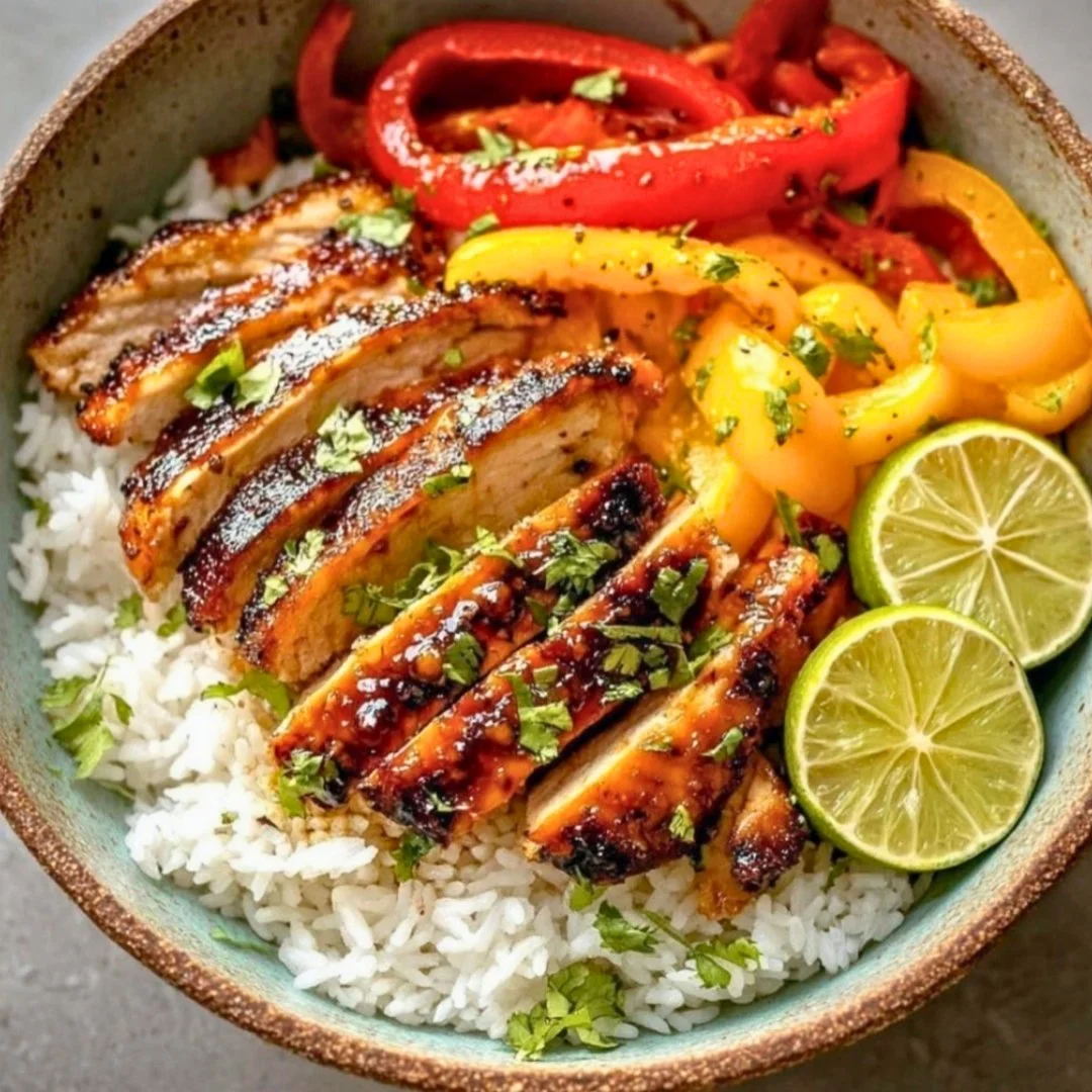 Honey Lime Chicken & Rice Bowls with colorful ingredients served in a bowl