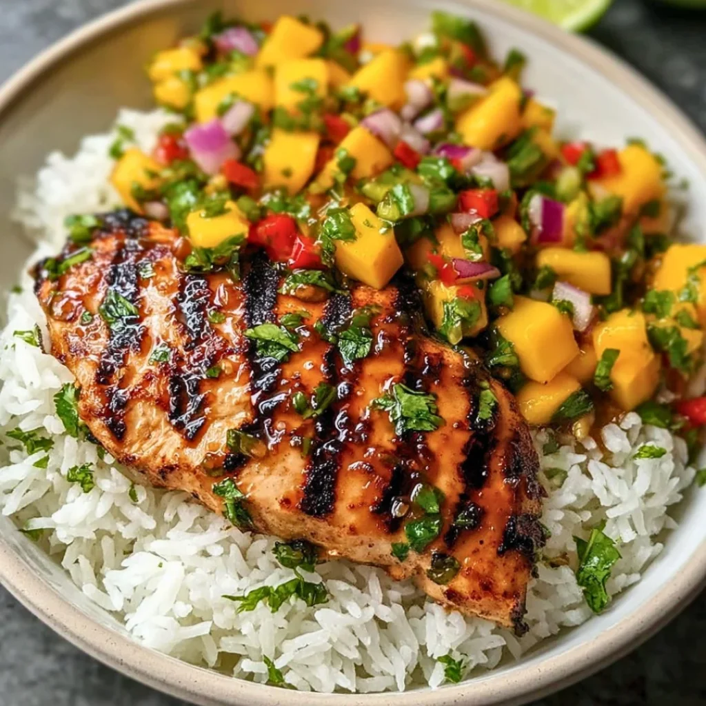 Grilled Honey Lime Chicken topped with fresh Mango Salsa