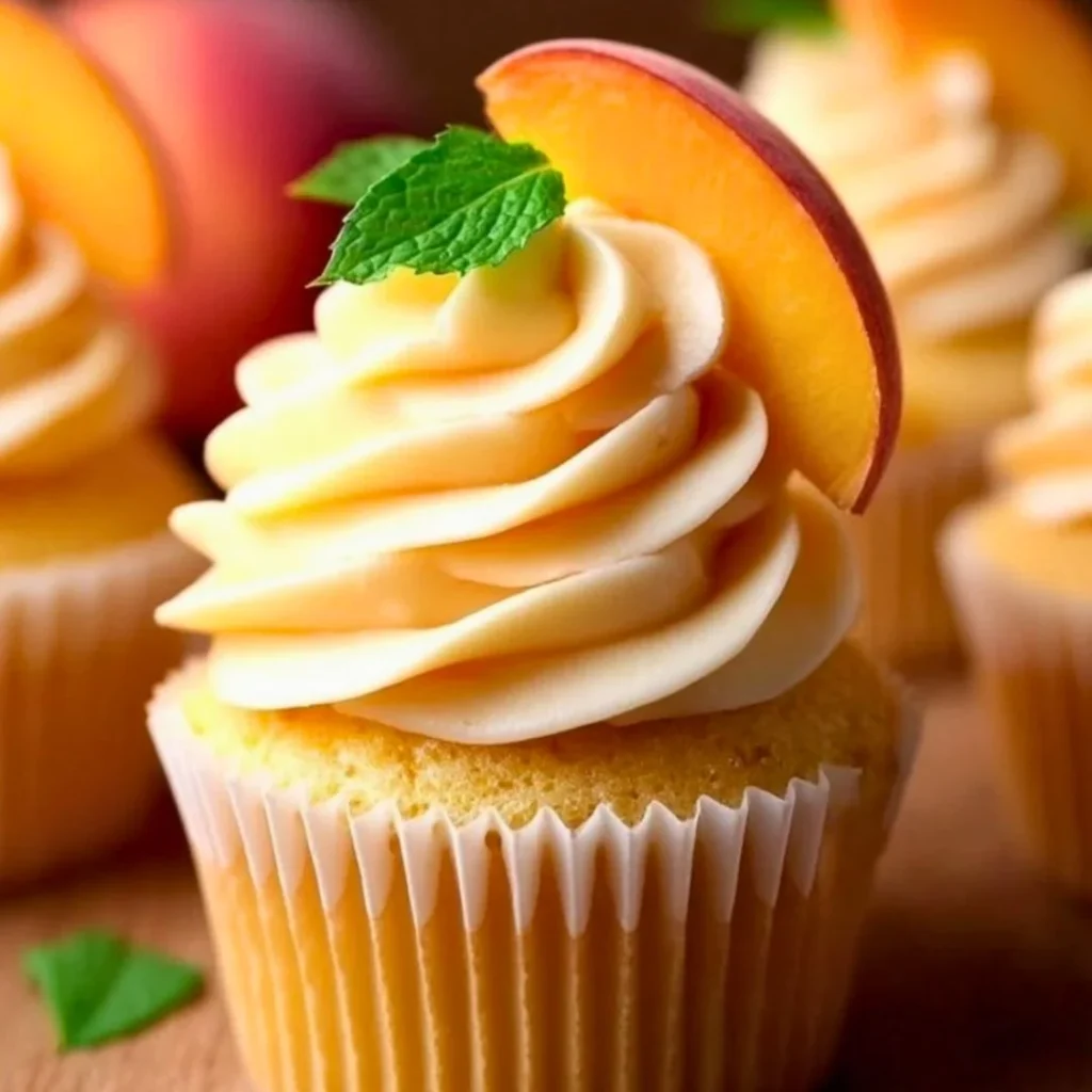 Honey peach cream cheese cupcakes topped with fresh peaches and cream frosting