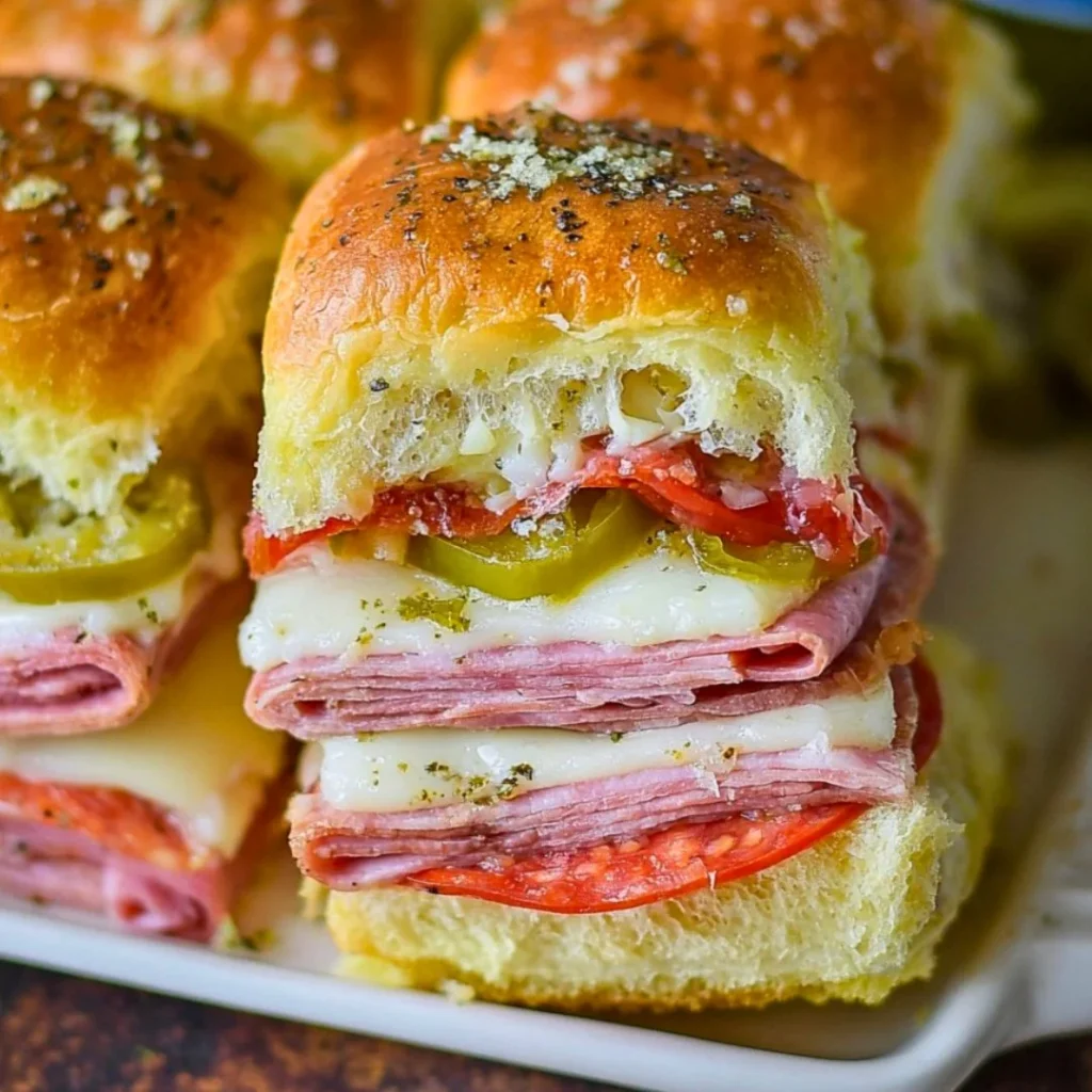 Hot Italian Sub Sliders served on a platter with toppings
