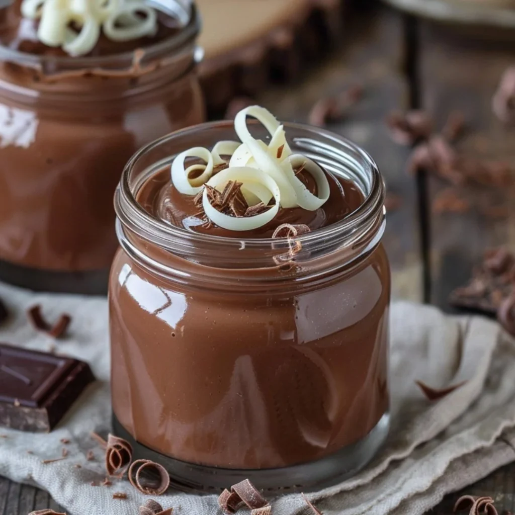Homemade chocolate pudding in a bowl with whipped cream