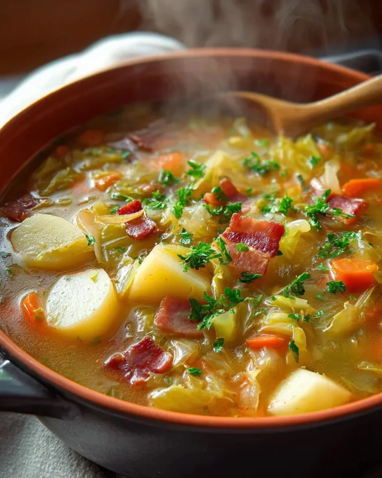 Bowl of Irish Bacon Soup with cabbage and potatoes