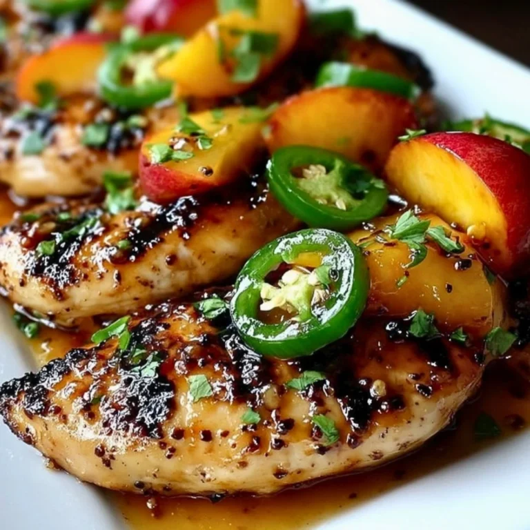 Grilled Jalapeño Peach Chicken garnished with fresh herbs.