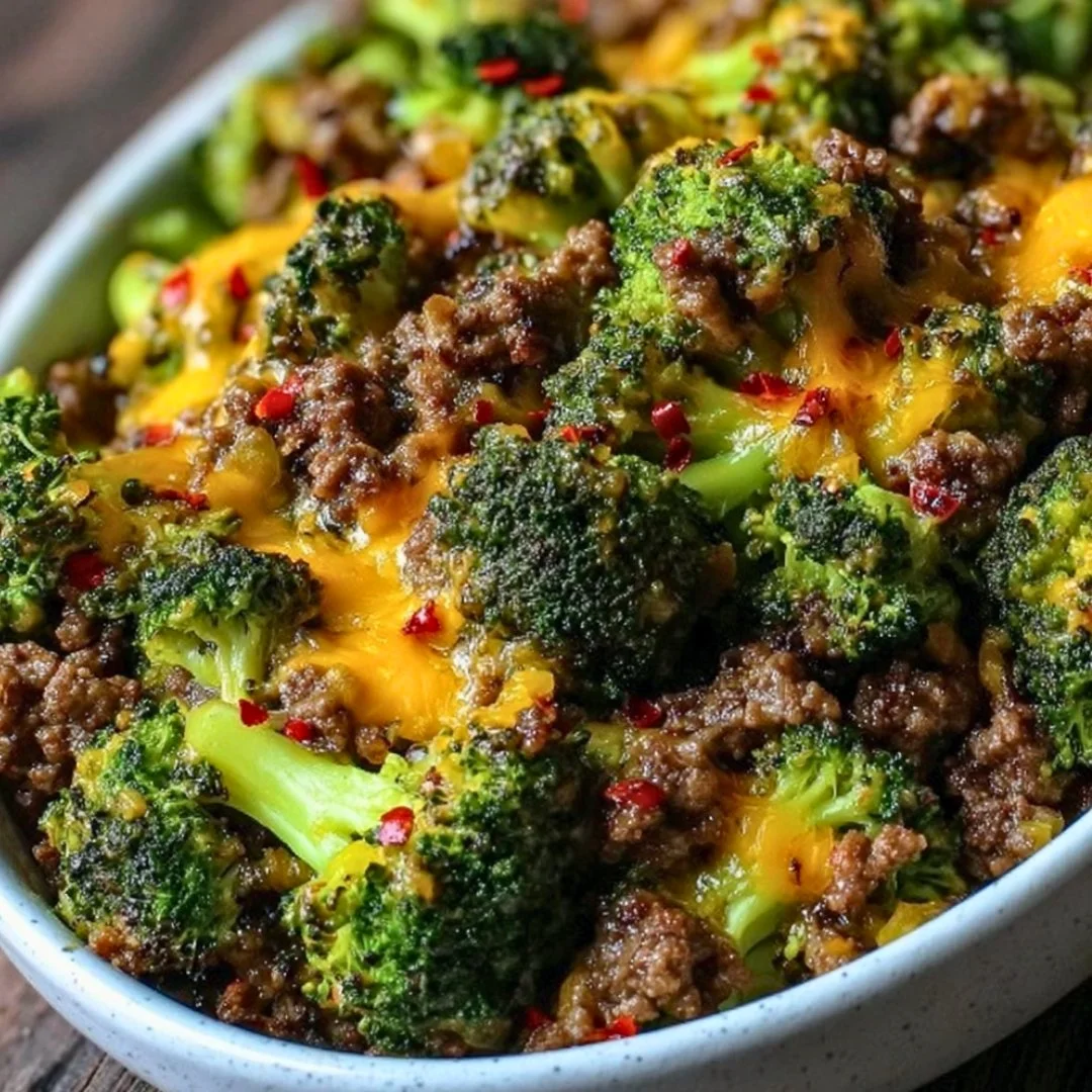 Keto Hamburger Broccoli Skillet served in a skillet with fresh broccoli
