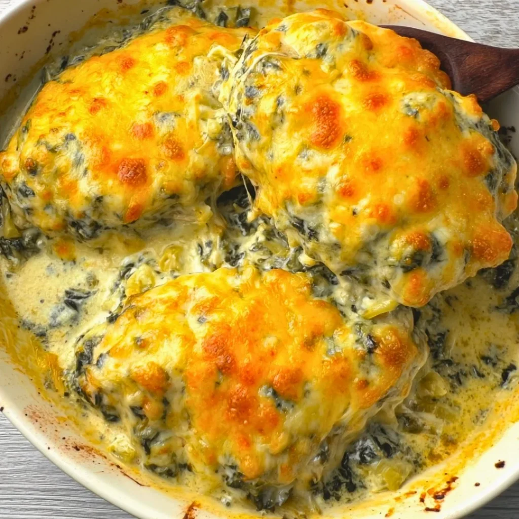 Lazy Spinach Artichoke Baked Chicken dish with creamy sauce and greens