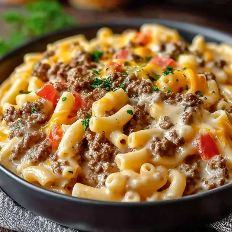 Loaded Cheeseburger Alfredo Pasta served in a bowl with garnishes.