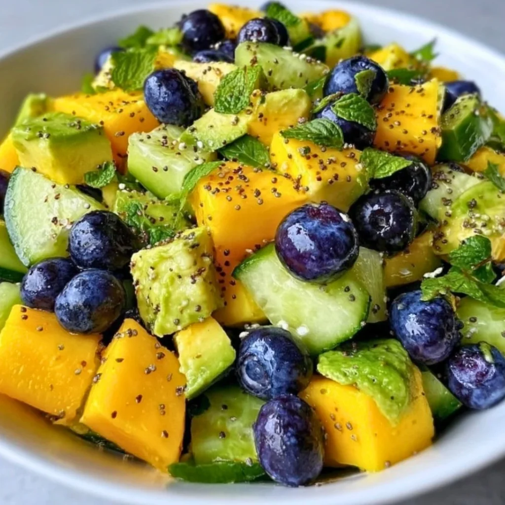 Mango Cucumber Salad with Blueberries and Avocado in a vibrant bowl