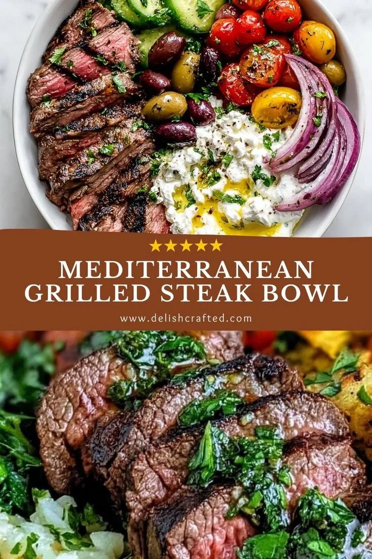 Delicious Mediterranean steak bowl with grilled steak, fresh vegetables, and flavorful sauce.