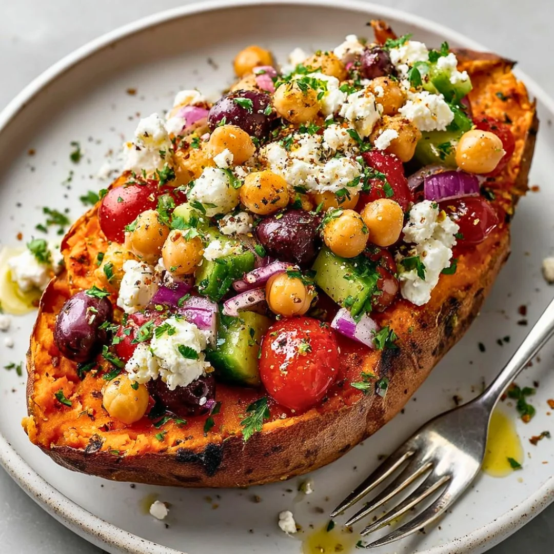 Mediterranean stuffed sweet potatoes topped with herbs and spices