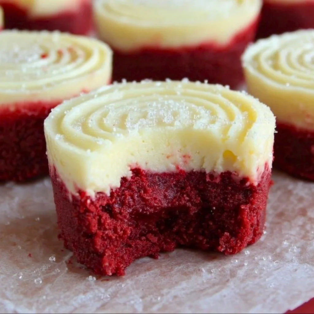 Mini cheesecakes on red velvet brownie base topped with whipped cream