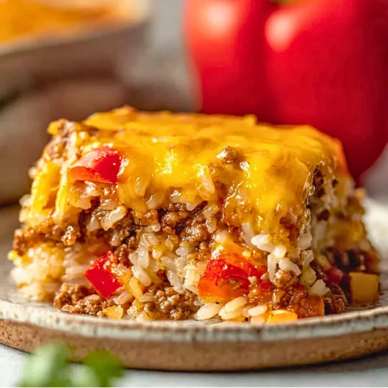 Delicious stuffed bell pepper casserole served in a baking dish with fresh herbs