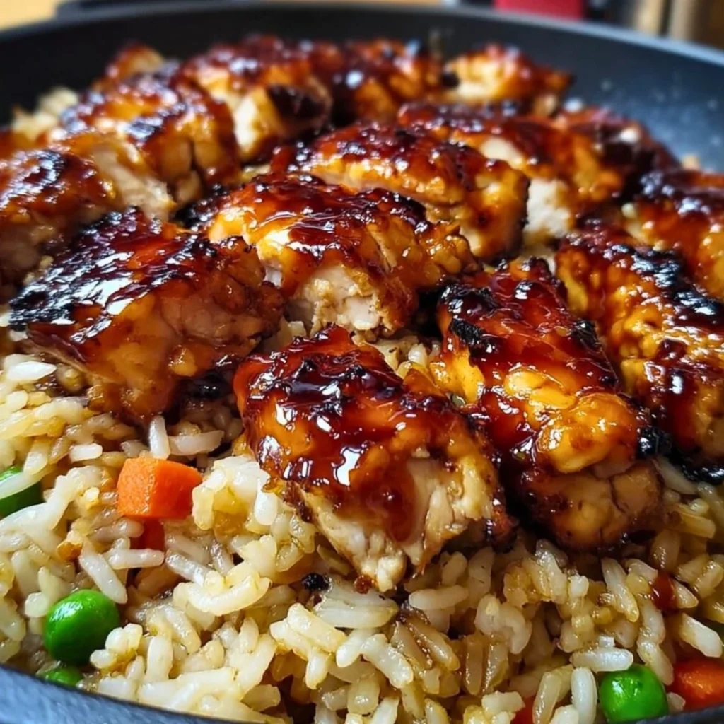 One-Pan Honey BBQ Chicken Rice dish garnished with fresh herbs.
