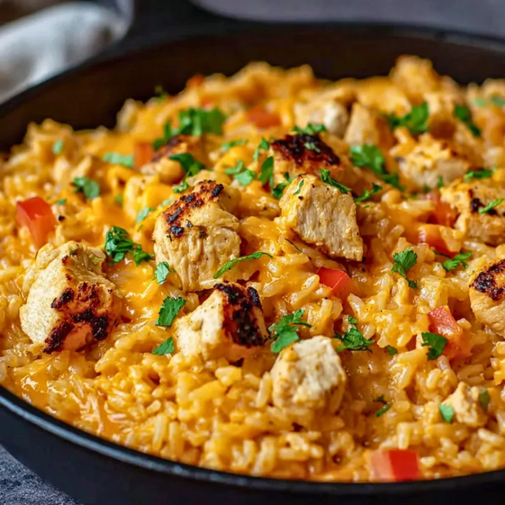 One Pot Queso Chicken and Rice dish served in a pan with melting cheese