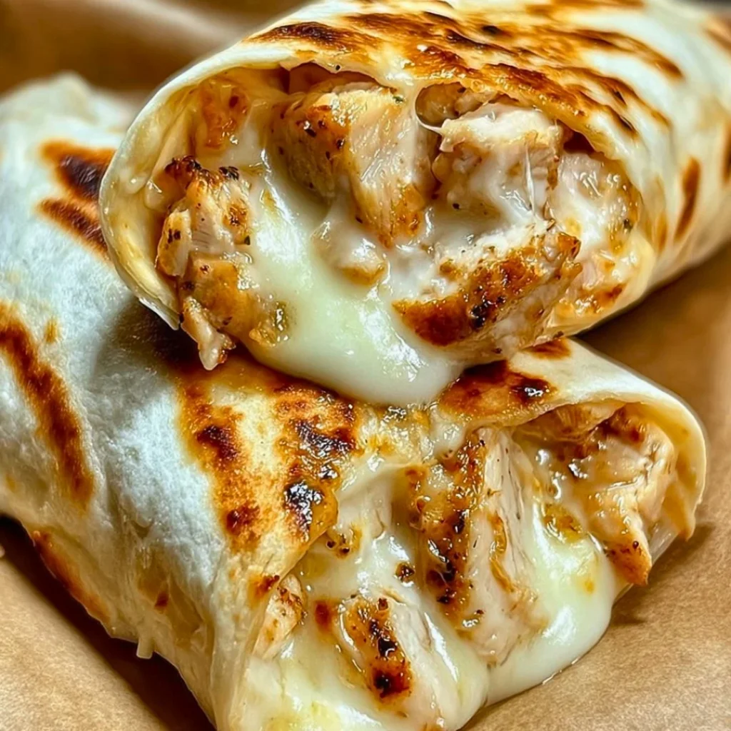 Delicious cheesy garlic chicken wraps served on a plate with fresh herbs.