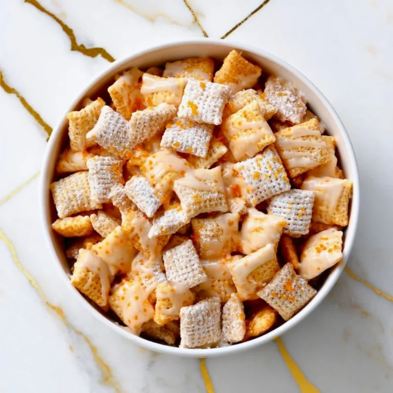 Bowl of Orange Creamsicle Puppy Chow with vibrant orange and white colors