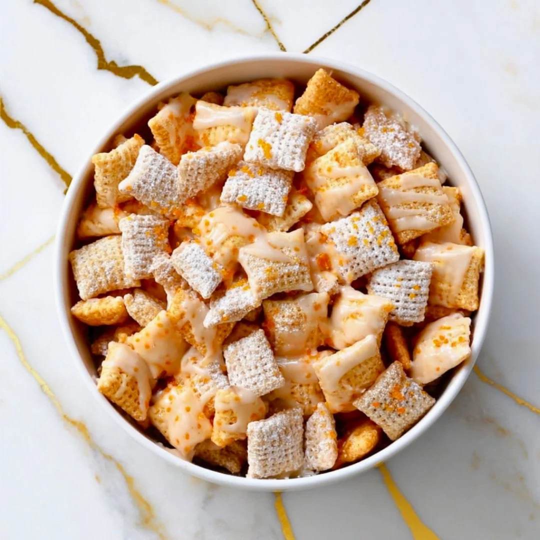 Bowl of Orange Creamsicle Puppy Chow with vibrant orange and white colors