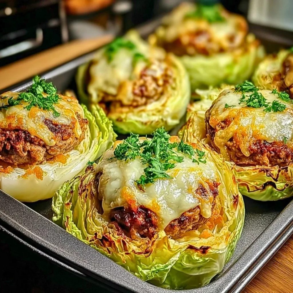 Oven-baked cabbage burgers served on a plate with fresh toppings.