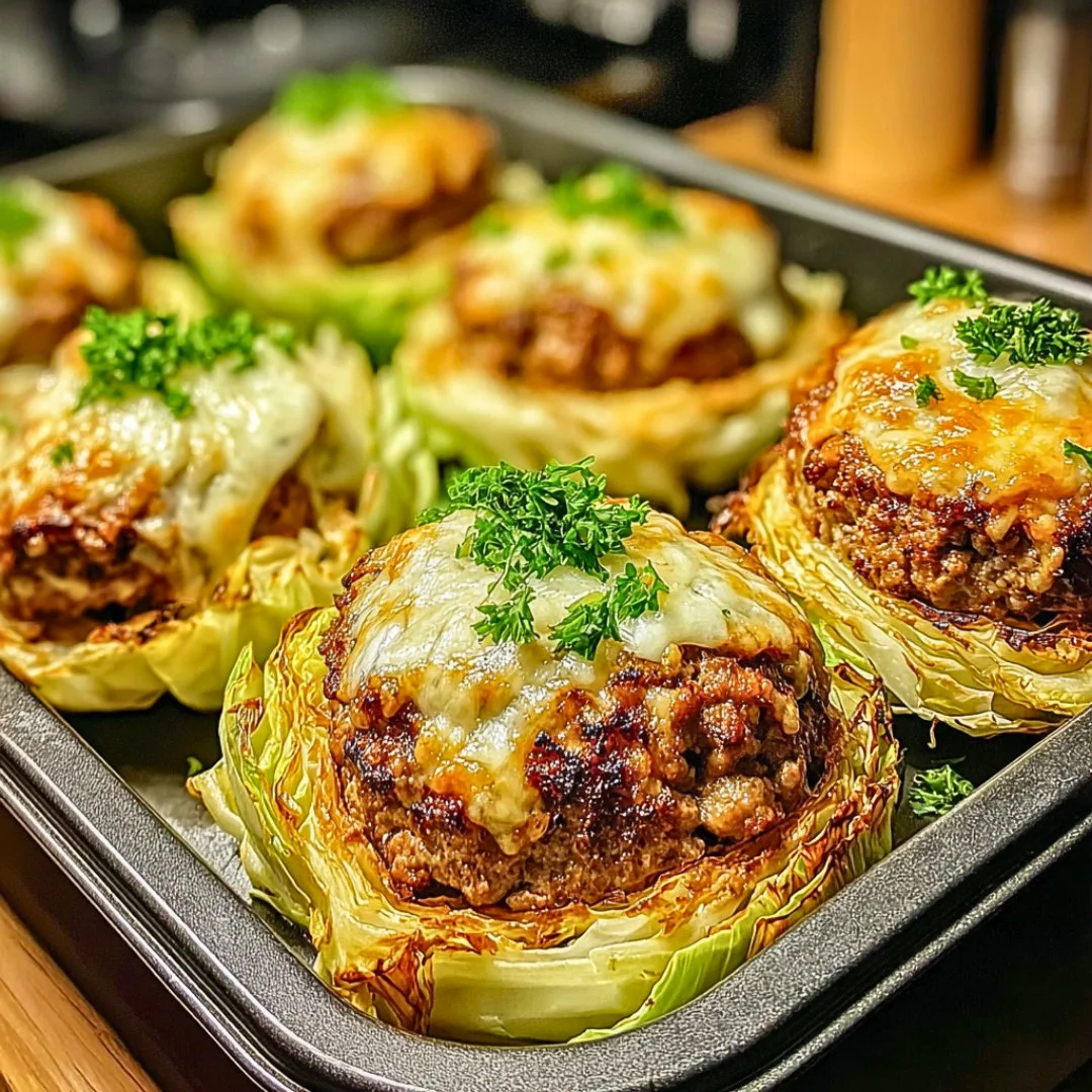 Oven-baked cabbage burgers on a plate, showcasing a healthy twist on classic flavors.