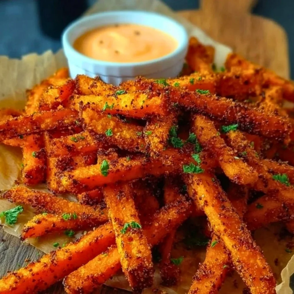 Oven baked sweet potato fries served on a plate with dipping sauce