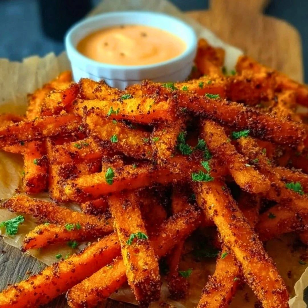 Oven baked sweet potato fries served on a plate with dipping sauce